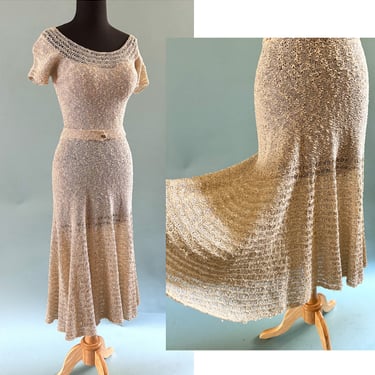 Charming 1950's Winter white Hourglass Knit Dress with silver Lurex woven in! Size Med/Large 