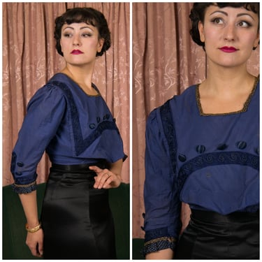 Edwardian Blouse - Antique Early 1910s Pigeon Cobalt Blue Cotton and Silk Blouse Wounded Bird 