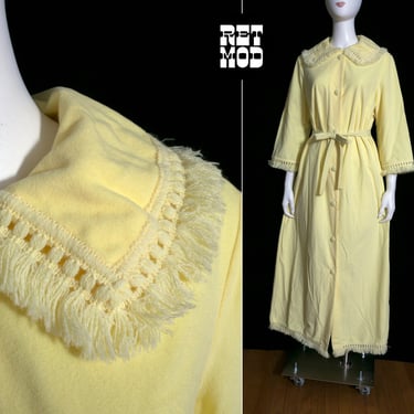 DEADSTOCK Soft Vintage 60s 70s Light Pastel Yellow House Dress / Robe with Fringe Trim 