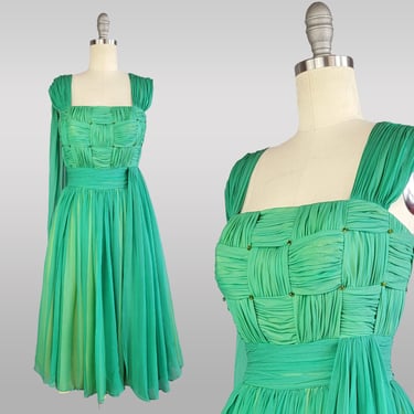 Green Chiffon Dress / 1950s Chiffon Dress / 1950s Party Dress / Green Cocktail Dress / Formal Green Dress / Size Small 