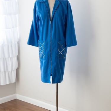 Size M, 1980s Blue Studded Zip Up Dress or Overcoat 