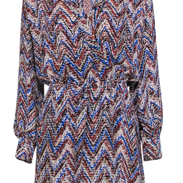 Parker - Rusty Brown, Blue & Beige Printed Silk Plunge Dress Sz XS