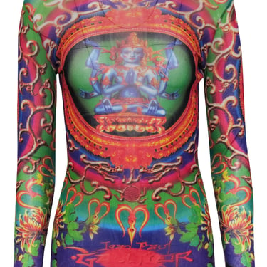 Jean Paul Gaultier - Green & Multicolor Hindu Goddess Print Mesh Shirt Sz M