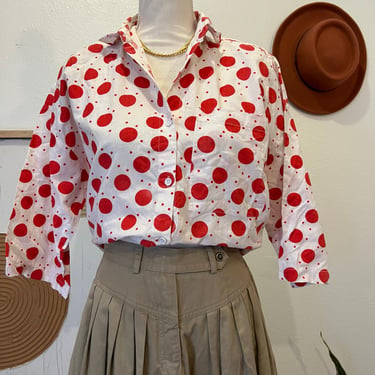 E. TEE Vintage 90s Red Polka Dot White Cotton 3/4 Sleeve Button Front Blouse 