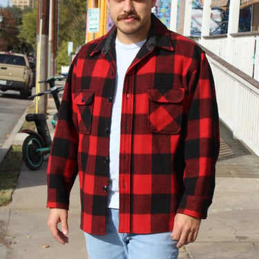 Lumberjack Shirt, Vintage 1950s Sears Roebuck, Buffalo Plaid Shacket, Red Black Wool, L/XL Men 