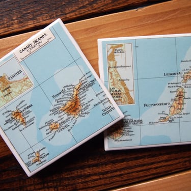 1966 Canary Islands Map Coaster Set of 2. Vintage Map Spain Gift. Tenerife Map. Gran Canaria Map. Island Decor. Vacation Gift. Spanish Decor 