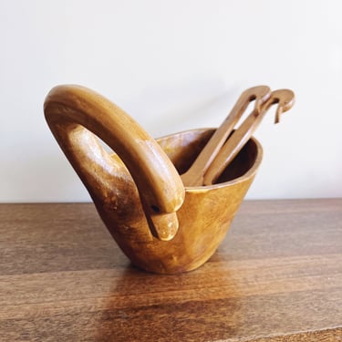 Vintage Olive Wood Swan Bowl with Serving Utensils 