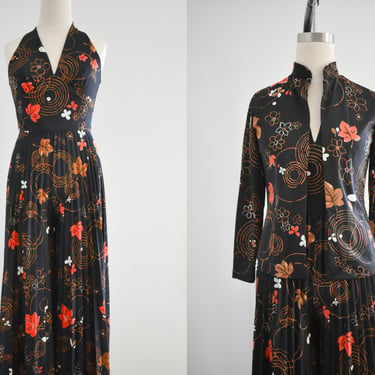 1970s Black Printed Palazzo Jumpsuit and Jacket 