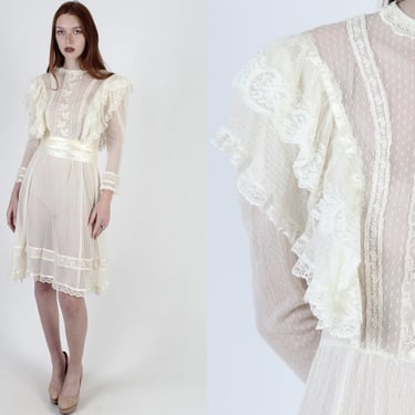Gunne Sax Dress / Plain See Through Victorian Style / 70s Classic Prairie Wedding Gown / Sheer Floral Embroidered Lace Ivory Mini Dress 
