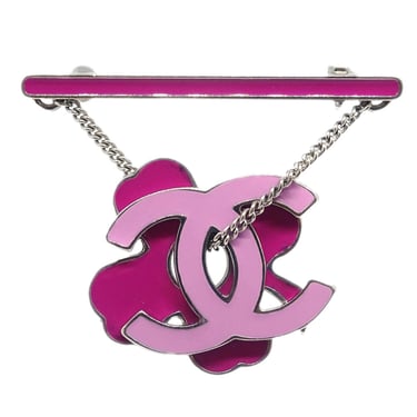 Chanel Dangle Brooch Pin Silver Pink 04P