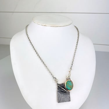 Artisan Modernist Abstract Green Turquoise Pendant Necklace 22" Cable Chain 