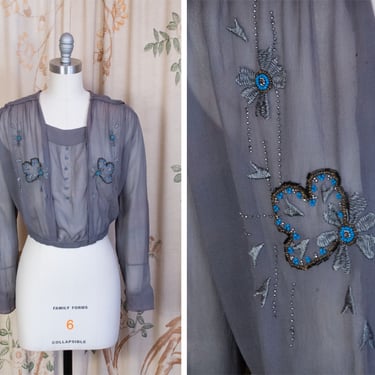 Edwardian Blouse - The Nimbus Top - Antique 1910s Silk Chiffon Blouse in Smoky Grey with Beadwork and Embroidery Volup Size 