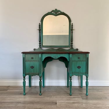 AVAILABLE - Teal Antique Make-up Vanity with Mirror 