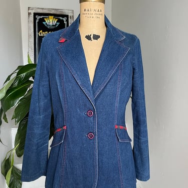 1970s Denim and Plaid Blazer By Tomboy Belted Back Vintage 38 Bust 