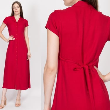 Small 90s Red Maxi Shirtdress | Vintage Grunge Tie Back Short Sleeve Minimalist Dress 