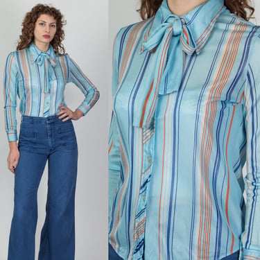 70s Blue & Orange Striped Secretary Blouse - Small | Vintage Ascot Tie Long Sleeve Button Up Top 