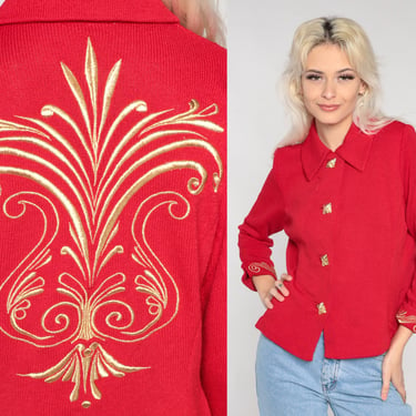 Red Cardigan Jacket 80s Metallic Gold Embroidered Button up Knit Sweater Retro Collared Party Glam Formal Cocktail Vintage 1980s Small S 