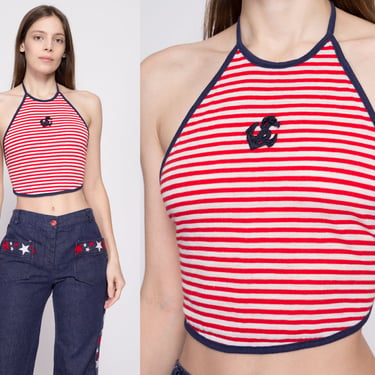 70s Nautical Striped Backless Halter Crop Top - Small | Vintage Anchor Applique Cropped Summer Shirt 