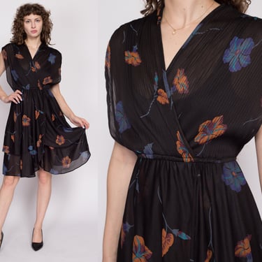 Medium 70s Sheer Black Floral Dress | Vintage Boho V Neck Blouson Mini Dress 
