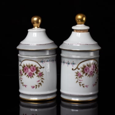 Vintage Porcelain Apothecary Jars With Floral & Gold Accents 