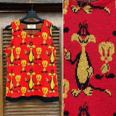 Vintage 1970’s Tweedy x Sylvester Cartoon Mod Looney Tunes Sweater Vest, 70’s Pullover Top, Vintage Sweater Vest, Vintage Clothing 