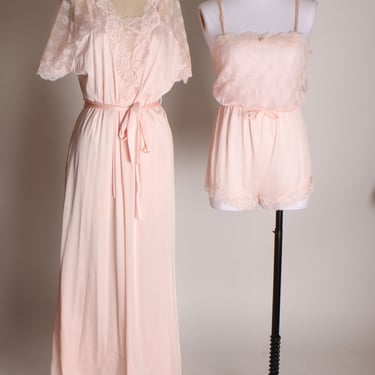 1970s Light Pink Nylon Romper Teddy with Matching Night Gown and Robe Three Piece Lingerie Set by Lorraine -XS and S 