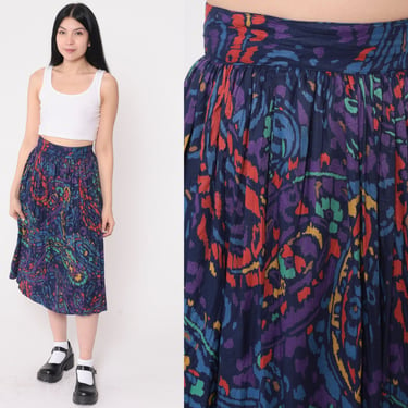 80s Paisley Skirt Midi Skirt High Waisted A-Line Skirt Retro Psychedelic Dark Blue Purple Hippie Boho Vintage 1980s Extra Small xs 