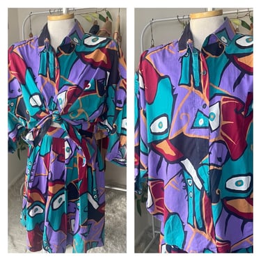 Vintage 1990s Abstract Print 2-Piece Skirt Set | Button-Up Top with 3/4 Sleeves & Curved Hem | Button-Down Skirt | Size Large 