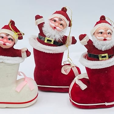 Vintage Set of (3) Flocked  Santa Claus in Boot Ornaments 