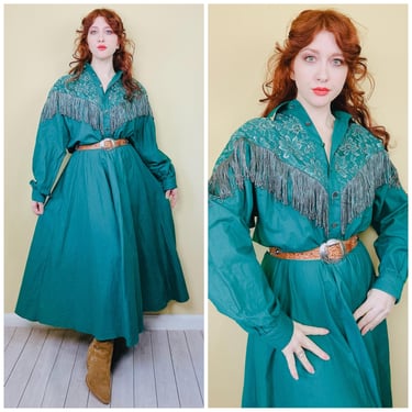 1980s Vintage Lilia Smitty Green Fringe Western Dress / 80s Dolman Sleeve Silver Lace Fit and Flare Dress / XL 