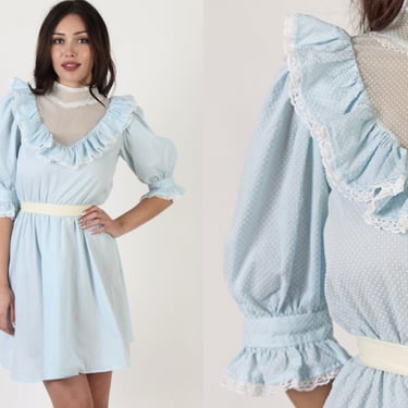 Plain Baby Blue Chiffon Short Dress, Vintage 70s Swiss Polka Dot Gown, Solid Color Ruffle Boho Micro Mini Dress 