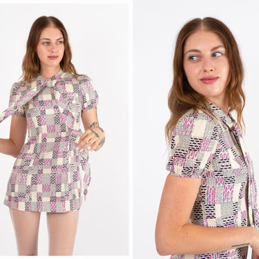 Vintage 1970s 70s Pink Geometric Abstract Print Pussybow Neckline Shift Style Tunic Micro Mini Dress 