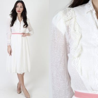 White Floral Lace Wedding Dress, Vintage 70s Shadow Polka Dot Sheer Bridal Gown, Simple Bridesmaids Boho Prairie Style 