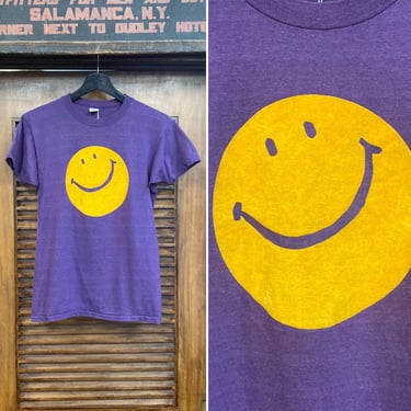 Vintage 1960’s Original Smiley Face Flock Print Purple Cotton Hippie Mod T-Shirt, 60’s Tee Shirt, 60’s Vintage Clothing 