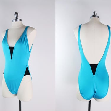 80s Turquoise and Black One Piece Swimsuit / 1980s Swimwear / Sirena /High cut Swimsuit / Vintage Bathing Suit /Size S/M 
