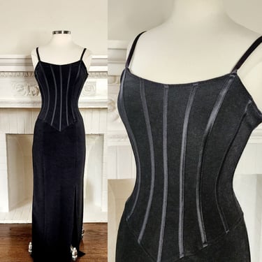 90s Black Evening Dress Striped Bustier by Betsy & Adam - Small 