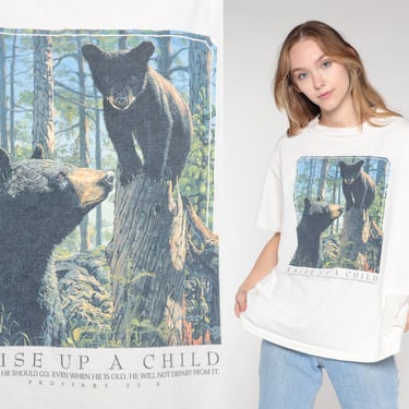 Proverbs 22:6 Shirt 90s Christian T-Shirt Mama Baby Bear Cub Graphic Tee Retro Wildlife Bible Verse Prayer TShirt White Vintage 1990s XL 