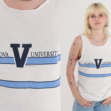 Villanova University Shirt 80s College Tank Top Pennsylvania Wildcats Graphic Tee Nova White Blue Striped Vintage Champion 1980s Medium 