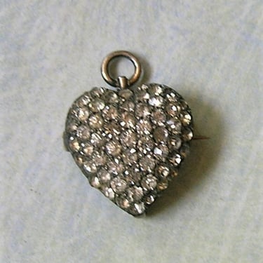 Antique Victorian Sterling Pave Paste Heart Pin, Antique Watch Pin Pendant, Antique Sterling Heart Pendant, Old Pave Paste Watch Pin (#4178) 
