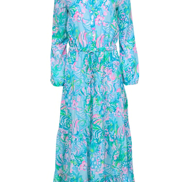 Lilly Pulitzer - Blue & Neon Pink Tropical Print Button-Front Maxi Dress Sz 2