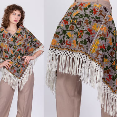 70s Folk Knit Fringe Poncho - Small to Medium | Vintage Boho Novelty Earth Tone Hippie Shawl Top 