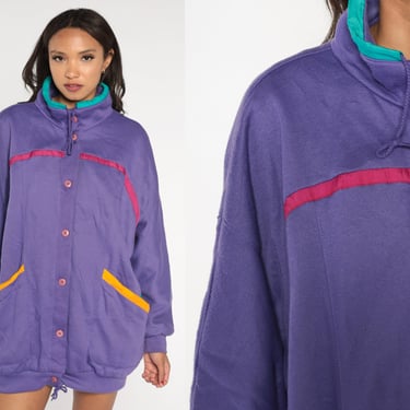Purple Sweatshirt Jacket 80s Button up Windbreaker Retro Longline Jacket Streetwear Sporty Basic Casual Colorful Vintage 1980s Medium M 