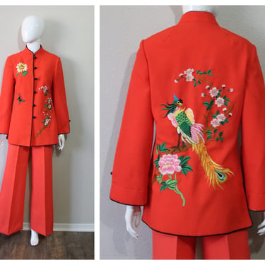 Vintage 1960s Lilli Ann MOD Red Two Piece Embroidered Coat Mandarin Jacket and Matching Pants OOAK  // US 6 8 Medium 