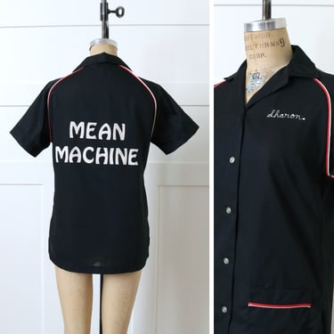 women's vintage MEAN MACHINE bowling shirt • black & red short sleeve pocket smock blouse 