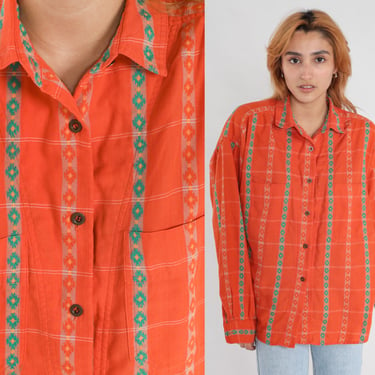 Orange Striped Shirt 90s Southwestern Embroidered Top Southwest Blouse Vintage Long Sleeve Button Up Chest Pocket Extra Large xl 16 