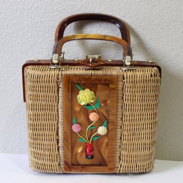 Vintage 1950s 60s Atlas Princess Charming Lucite Novelty Flower Pot purse Wicker Handbag bag Lunch Pail Box Lucite Handles 