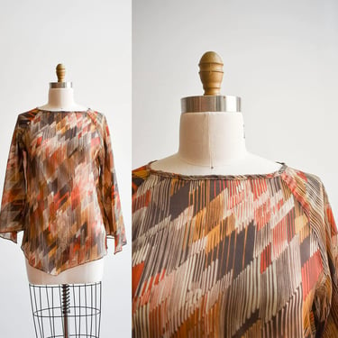1970s Brown Abstract Bell Sleeved Blouse 