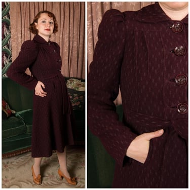 1930s Coat -  Fantastic Mid-Late 30s Tailored Princess Coat in Plum Wool Boucle with Woven Pattern 