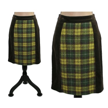 M Y2K Brown Corduroy + Lime Green Plaid Midi Skirt Medium, Wool Blend Pencil Skirt, Preppy Academia Fall Winter, 2000s Clothes Women MAEVE 