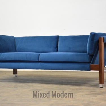 Walnut and Chrome Blue Velvet Sofa by Founders 
